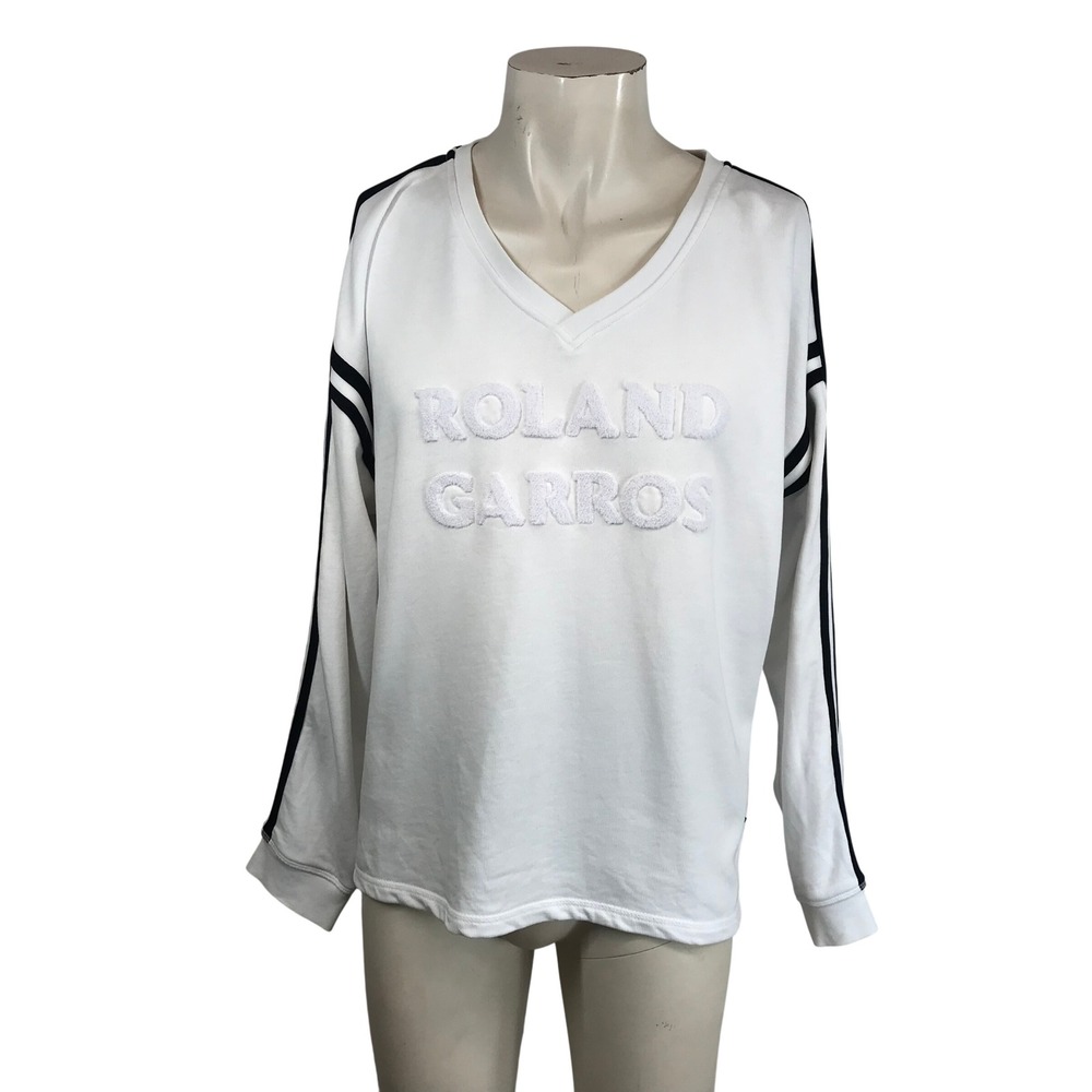 Roland Garros White V Neck Long Sleeve Sweatshirt Embroidered Logo Men XL